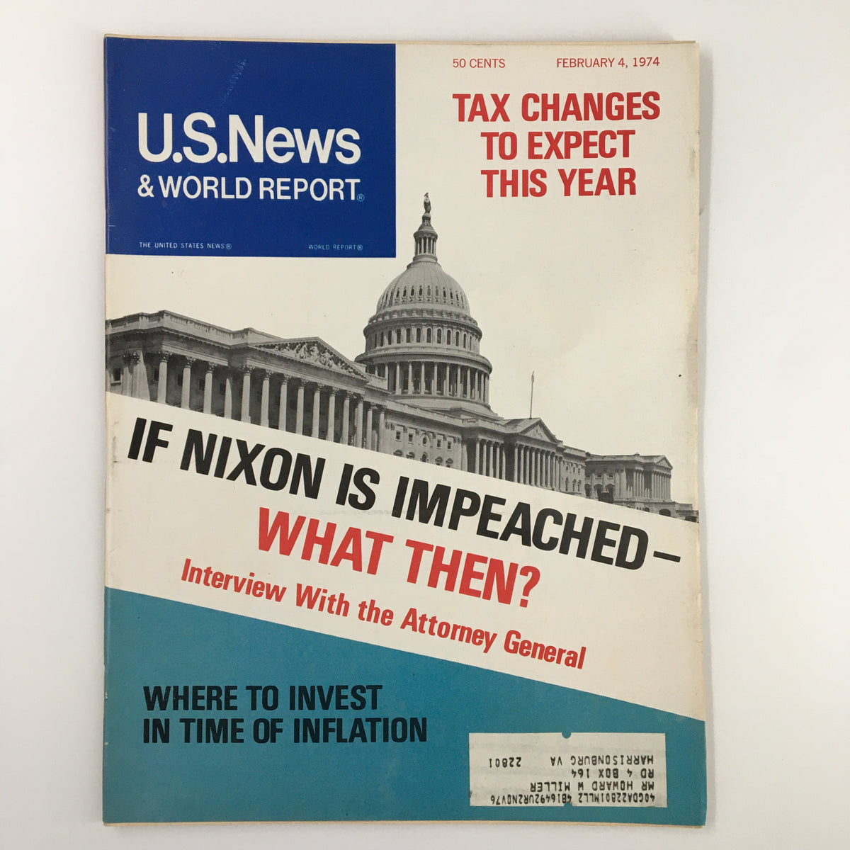 Cover of US News & World Report Magazine, February 4, 1974, featuring the headline 'If Nixon is Impeached - What Then?', alongside an image of the U.S. Capitol, and sections about tax changes and investment during inflation.