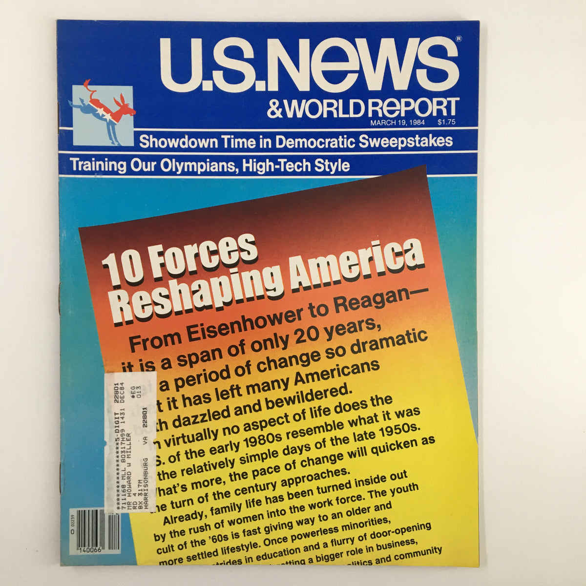 Cover of US News & World Report Magazine from March 19, 1984 featuring the title 'Training Our Olympians, High-Tech Style'. The cover highlights '10 Forces Reshaping America' with colorful design and text.