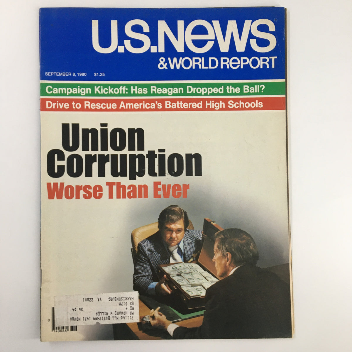 Cover of the US News & World Report Magazine, September 8, 1980, featuring the headline 'Union Corruption Worse Than Ever' with images of two men discussing finances.
