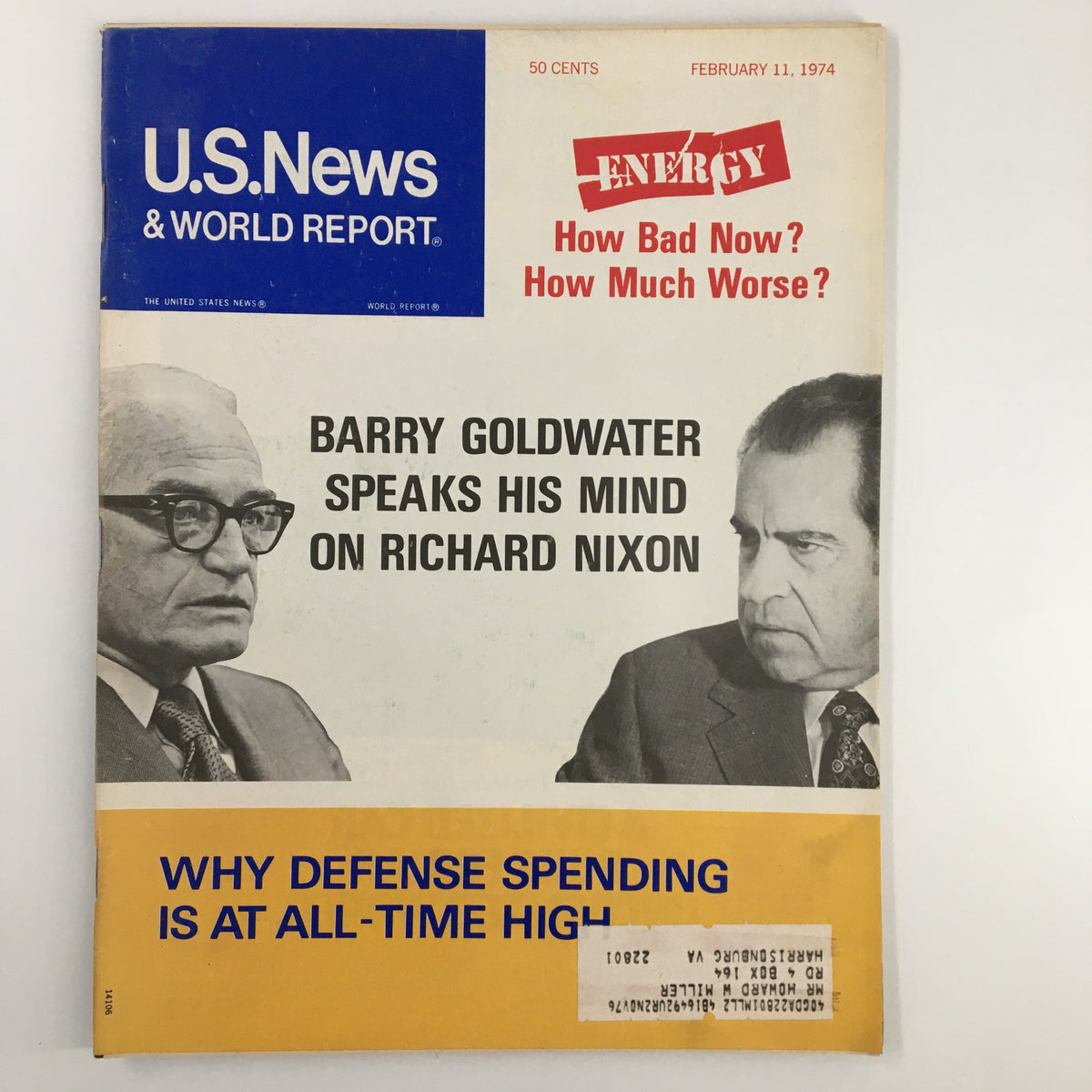 Cover of US News & World Report Magazine February 11, 1974, featuring Barry Goldwater and Richard Nixon, discussing politics and defense spending.