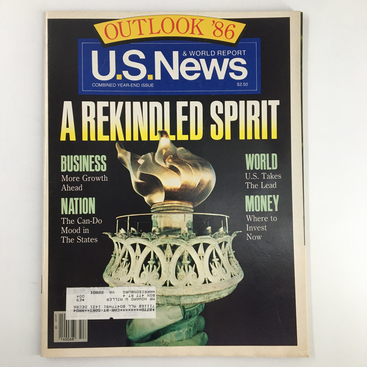 Cover of the US News & World Report Magazine 1986 featuring the title 'A Rekindled Spirit in Business'. The cover includes themes on business growth, national sentiment, global leadership, and investment advice, highlighted against a backdrop of a torch symbolizing enlightenment and opportunity.