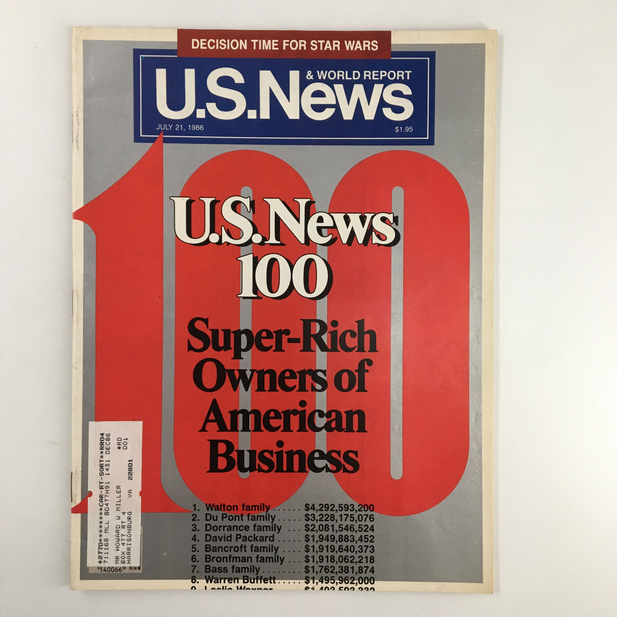Cover of US News & World Report magazine from July 21, 1986, featuring the headline '100 Super-Rich Owners of American Business' with a list of notable wealthy families, reflecting the economic landscape of the 1980s.