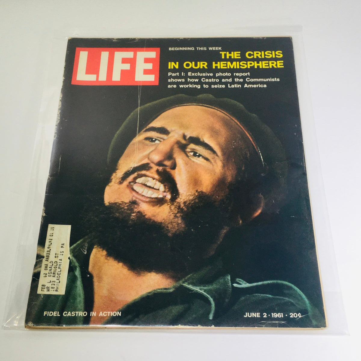 Vintage Life Magazine cover from June 2, 1961 featuring Fidel Castro in Action and the headline 'The Crisis in Our Hemisphere.' It displays the iconic red and white Life logo alongside a close-up of Castro's expression.