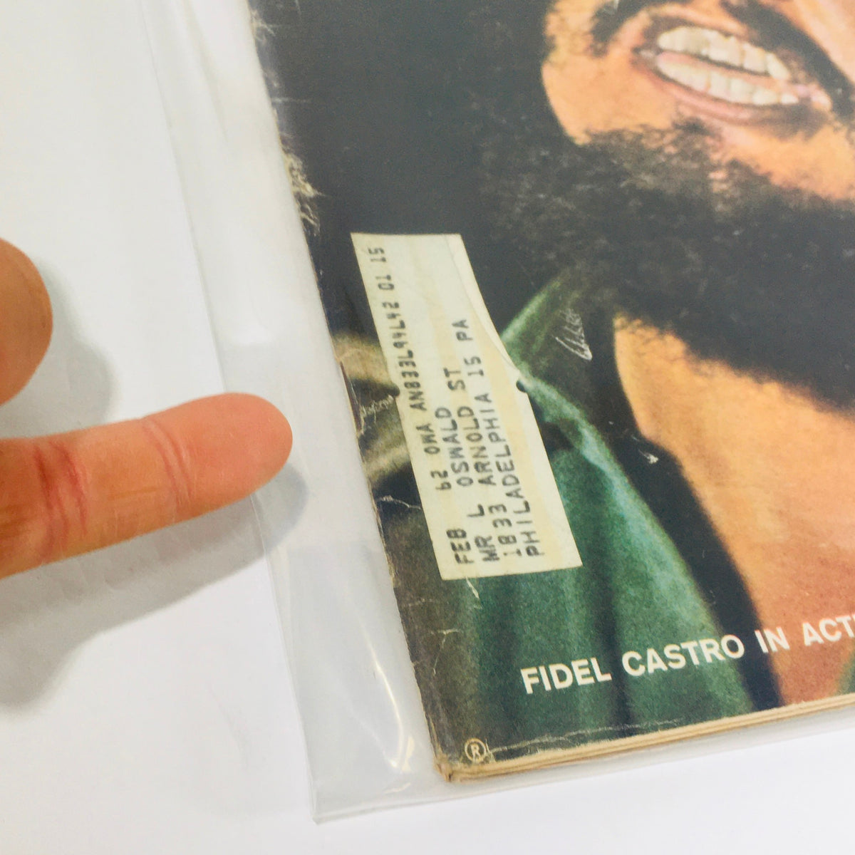 Close-up view of the address label on the Vintage Life Magazine cover dated June 2, 1961, featuring Fidel Castro in Action. The label is slightly worn, displaying mailing information.