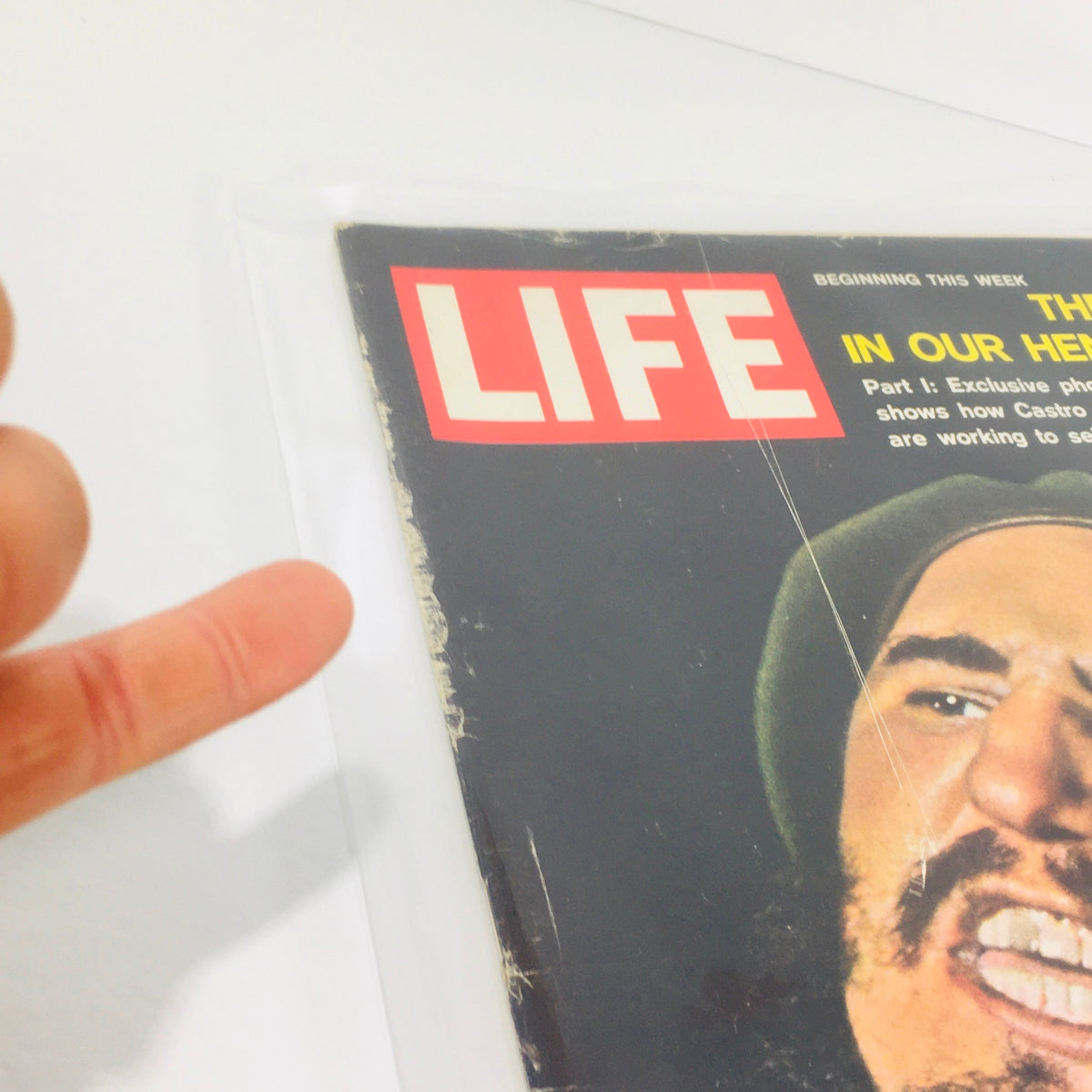 Side view of the Vintage Life Magazine from June 2, 1961, showcasing the cover title 'The Crisis in Our Hemisphere' with a close-up of Fidel Castro's face.