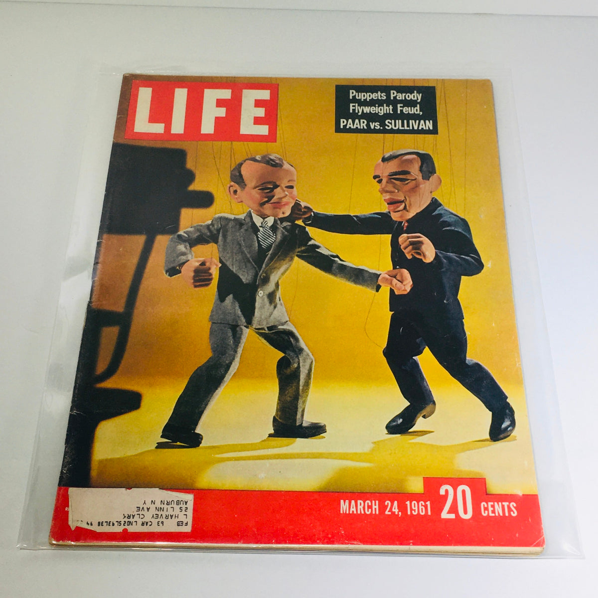 VTG Life Magazine cover from March 24, 1961 featuring a playful puppets parody of the flyweight feud between Paar and Sullivan, illustrated with colorful caricatures of the boxers.