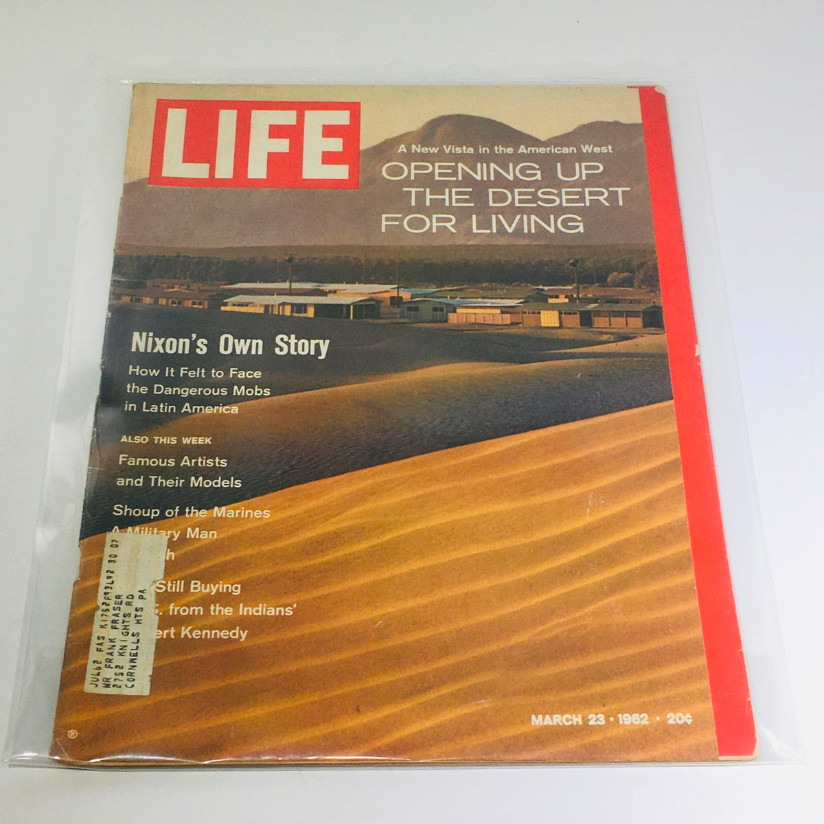Vintage Life Magazine cover from March 23, 1962 featuring the title 'Opening Up The Desert For Living' and 'Nixon's Own Story', displaying a desert landscape with buildings in the background. This magazine is a historical reflection of American life in the 1960s.