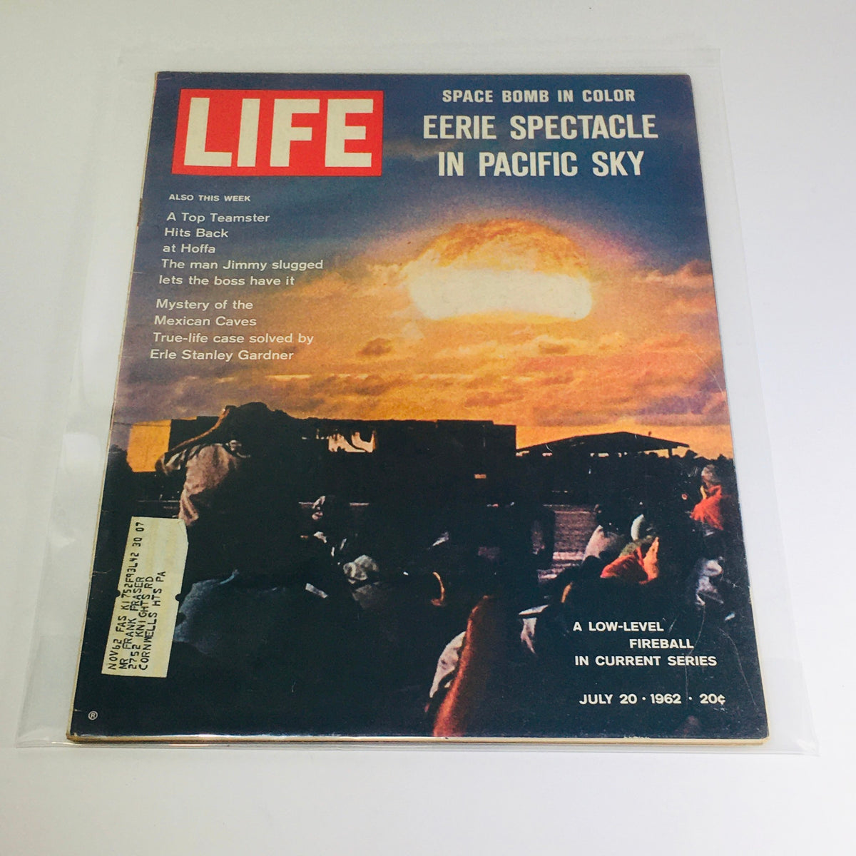 Cover of the vintage Life Magazine from July 20, 1962, featuring the headline 'Eerie Spectacle in Pacific Sky/Fireball', showcasing a vivid image of a fireball explosion against a colorful sky and people observing the phenomenon.