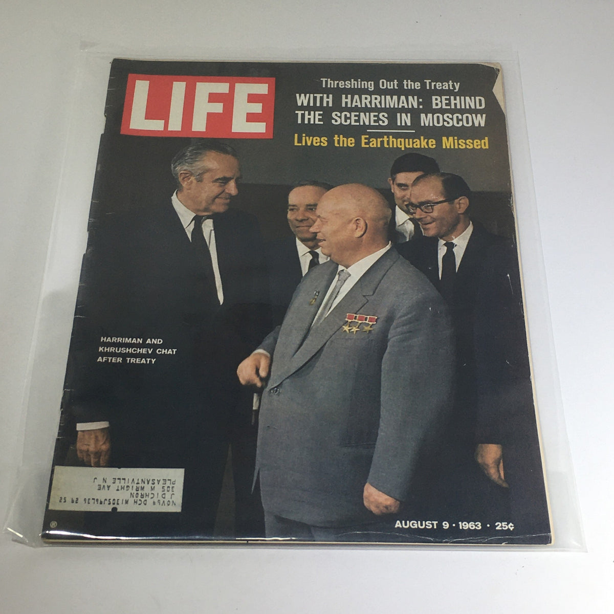 Life Magazine cover from August 9, 1963, featuring W. Averell Harriman and Nikita Khrushchev discussing the treaty, highlighting Cold War history.