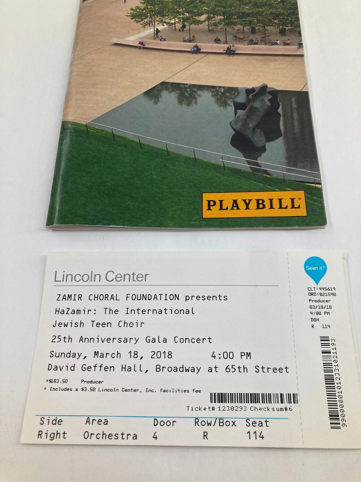 2018 Playbill Lincoln Center for Hazamir The International Jewish Teen Choir, showing the playbill alongside authentic event ticket details.