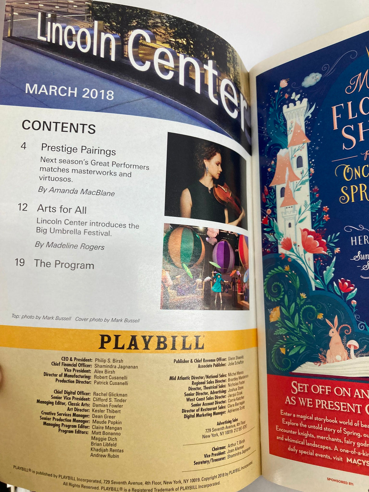 2018 Playbill Lincoln Center displaying a contents page featuring the Hazamir The International Jewish Teen Choir performance details.
