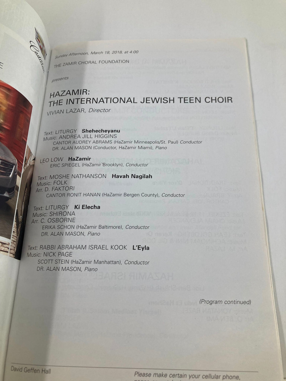 Inside view of the 2018 Playbill from Lincoln Center featuring Hazamir The International Jewish Teen Choir, showcasing the performance details and song list.
