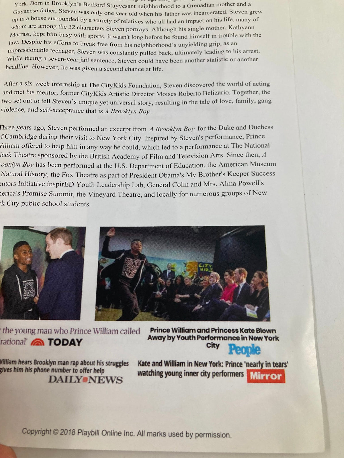 2018 Playbill for A Brooklyn Boy at East Village Playhouse, featuring an excerpt from the play, and images of the cast and production team.