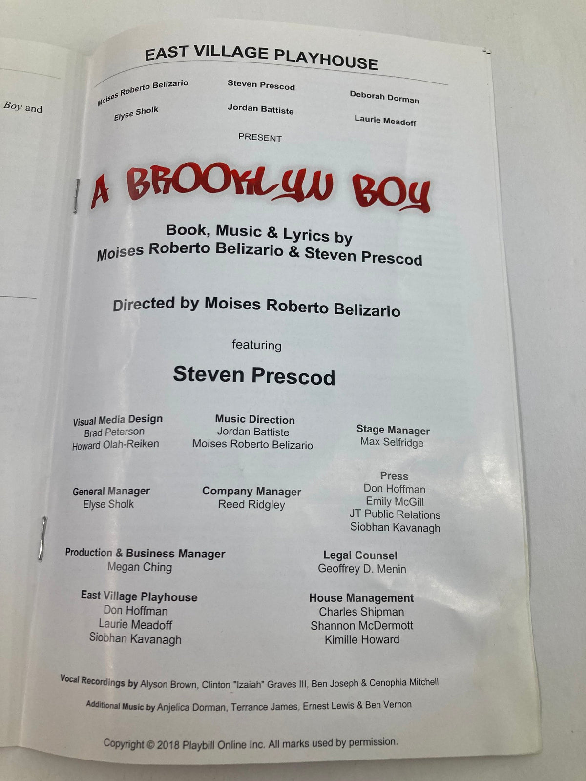 2018 Playbill for A Brooklyn Boy at East Village Playhouse, listing the cast, crew, and creative team behind the production.