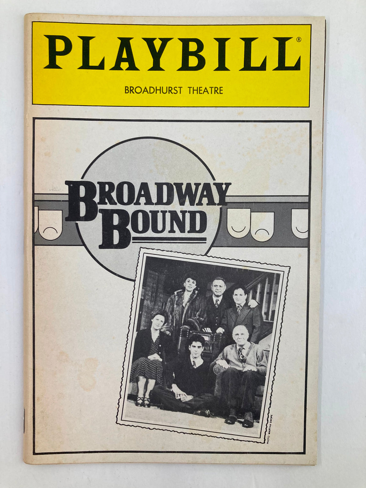 1987 Playbill for the Broadhurst Theater featuring Neil Simon's Broadway Bound with a photo of the original cast.