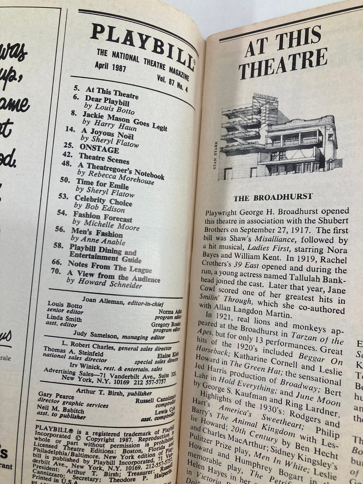 Inside view of the 1987 Playbill for Broadhurst Theater, showcasing the At This Theatre section with details about Broadway productions.
