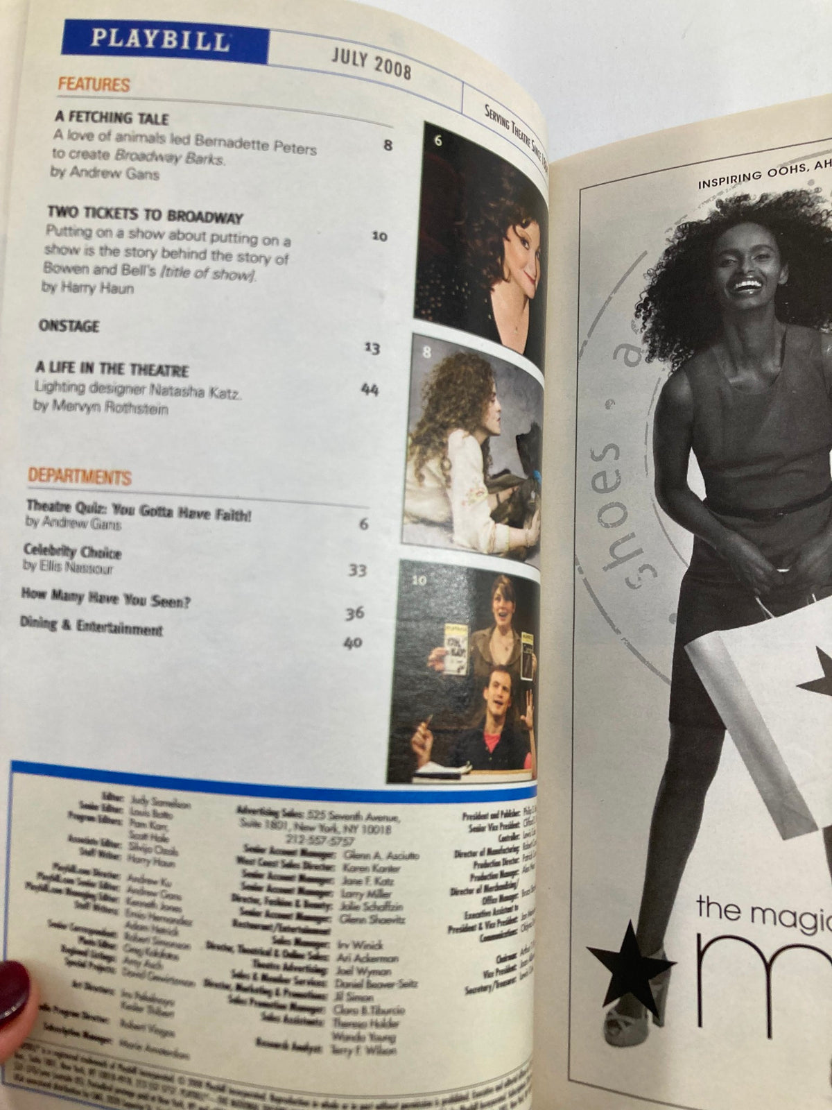 Inside page of the 2008 Playbill for August: Osage County, displaying features sections and theater-related articles from July 2008.
