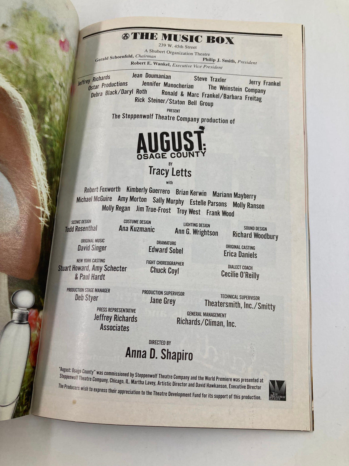 Another page from the 2008 Playbill for August: Osage County, highlighting cast and crew details including Robert Foxworth's name within the production credits.