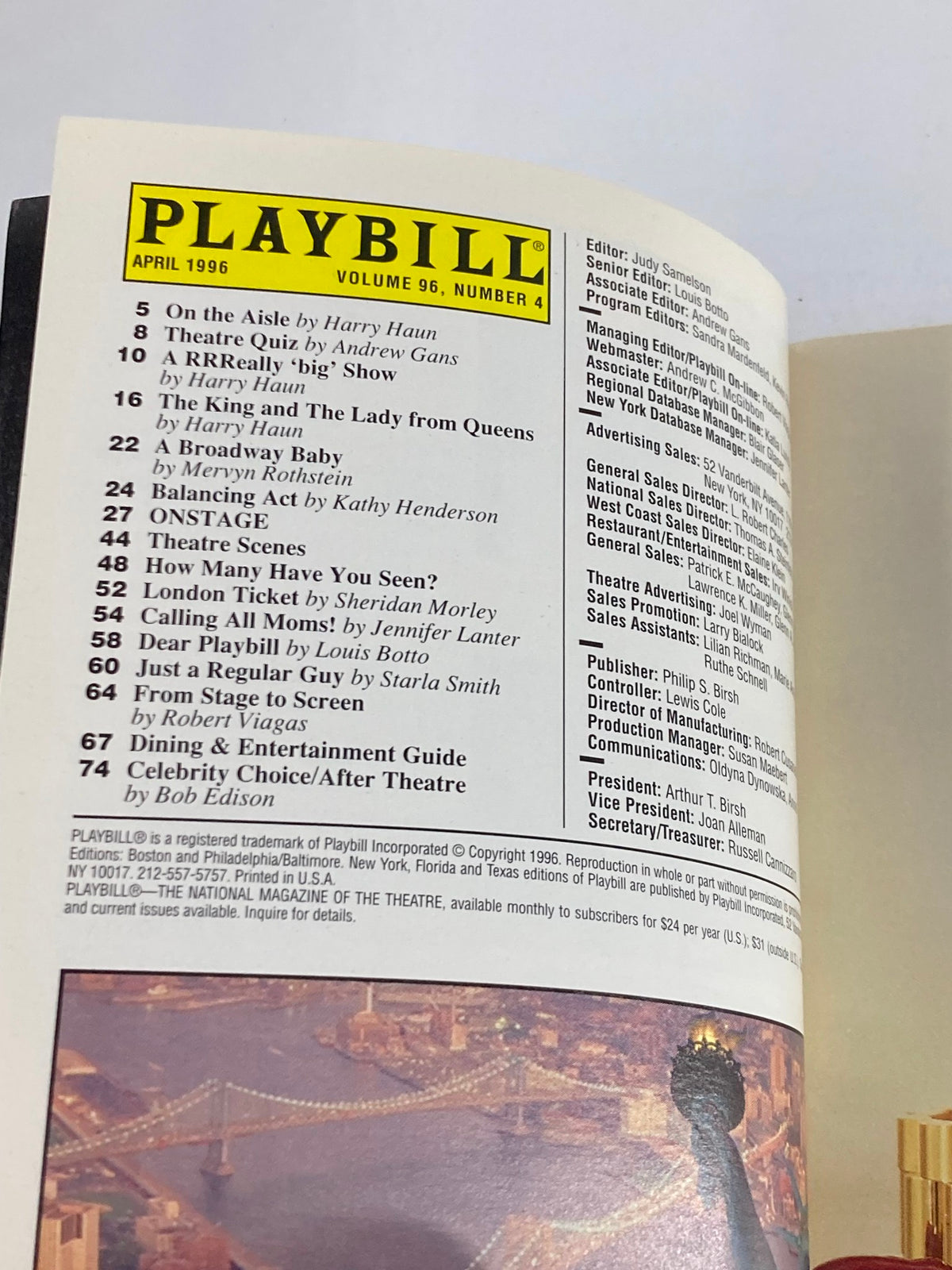 Interior page of the April 1996 Playbill, featuring the table of contents and theatrical listings.