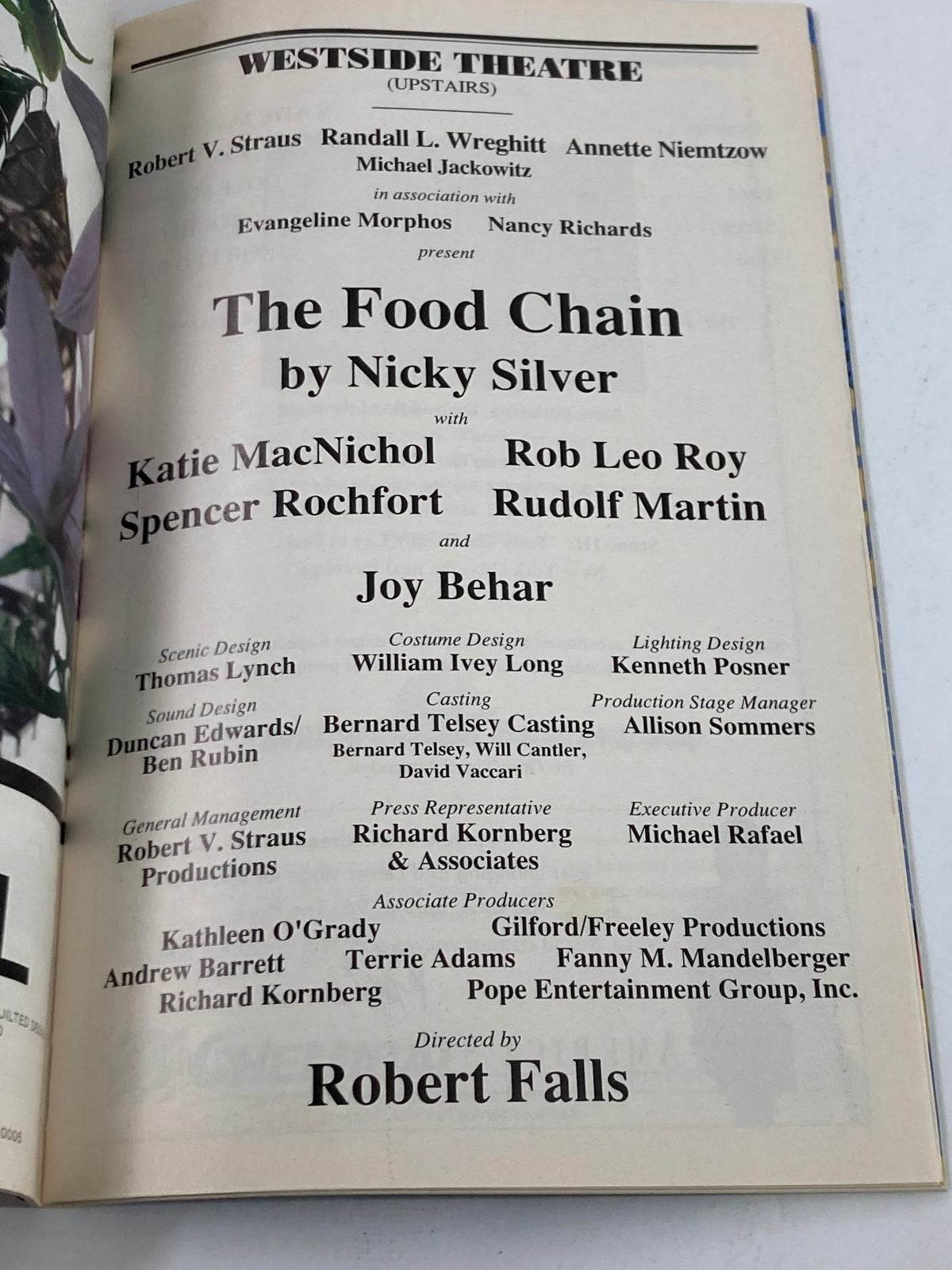 Interior page of the 1996 Playbill for The Food Chain, showcasing cast details and production information.