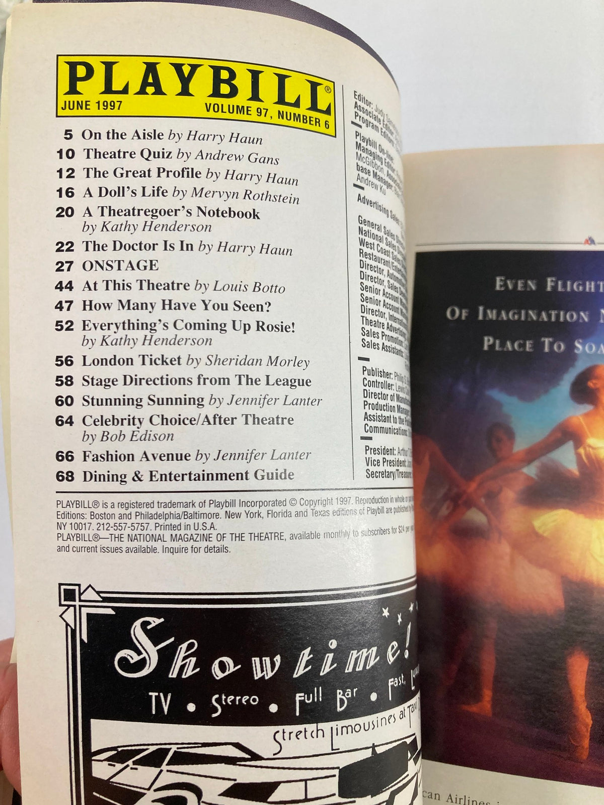 Inside page of the 1997 Playbill for 'An American Daughter,' displaying the contents of the Playbill and advertisements from June 1997.