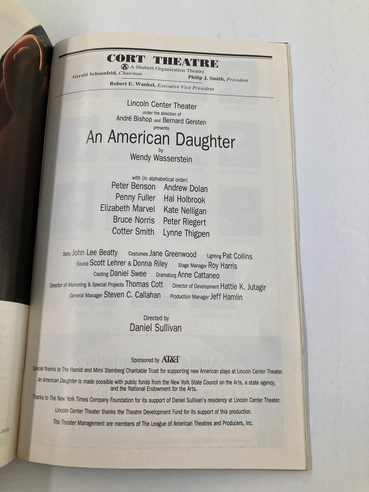 Inside page of the 1997 Playbill for 'An American Daughter' at Cort Theatre featuring cast and crew details.
