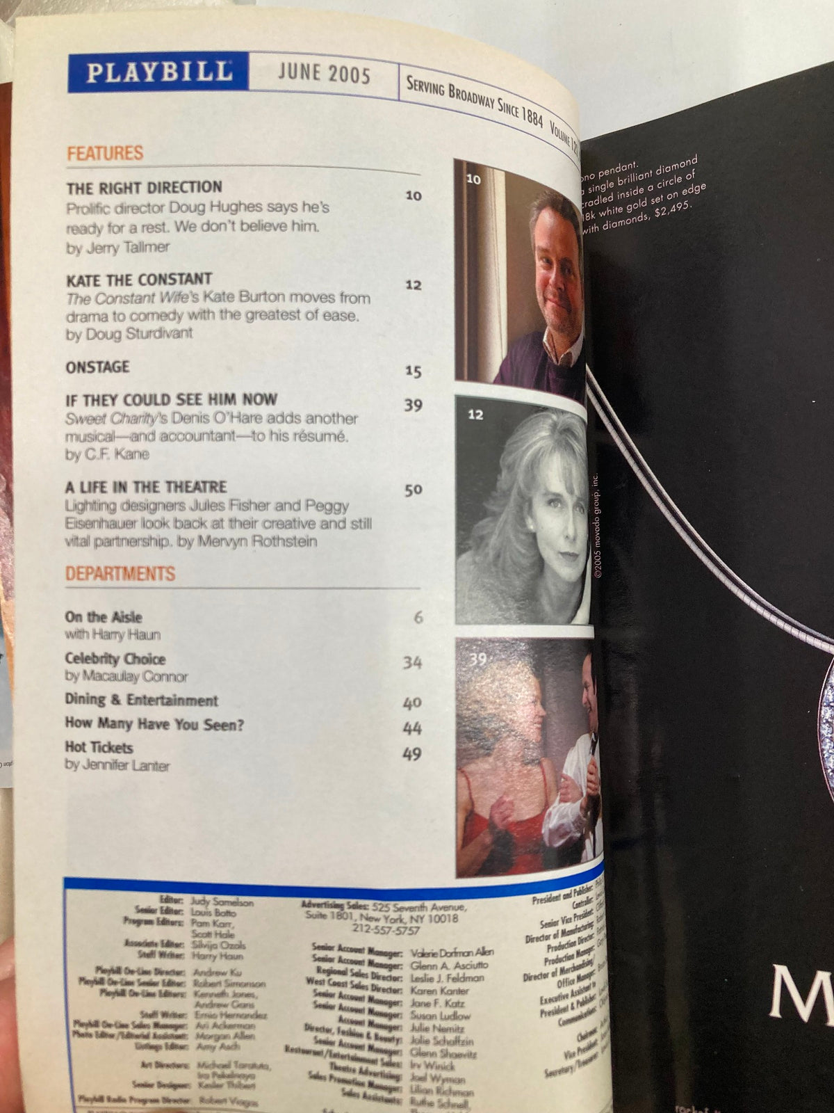 Inside page of the June 2005 Playbill for the Bernard B. Jacobs Theatre, detailing features and departments, including a section on the direction by Doug Hughes.