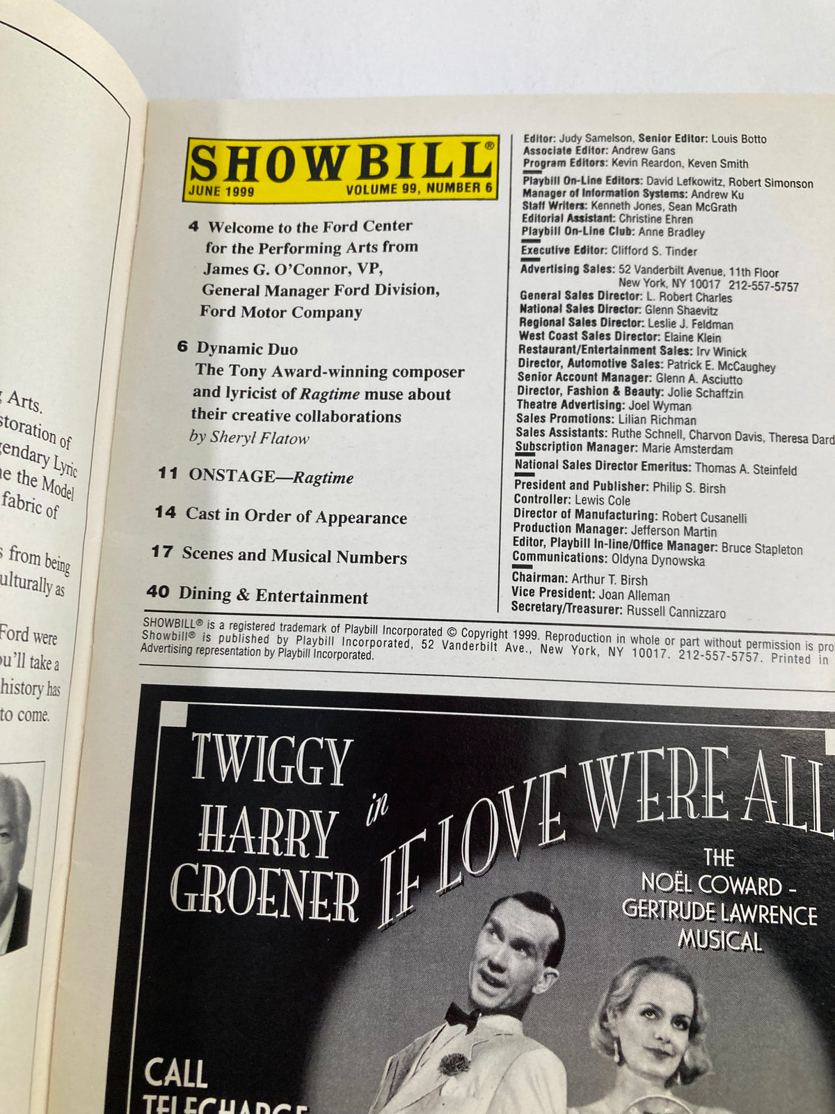 Interior page of the June 1999 Playbill for Ragtime, showcasing editorial details and features about the Ford Center for the Performing Arts.