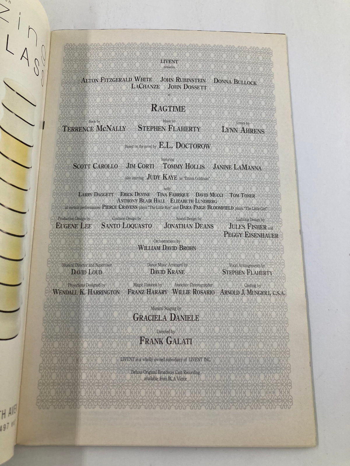 Casting and creative team credits for the musical Ragtime in the 1999 Playbill, including prominent names such as Terrence McNally and Stephen Flaherty.