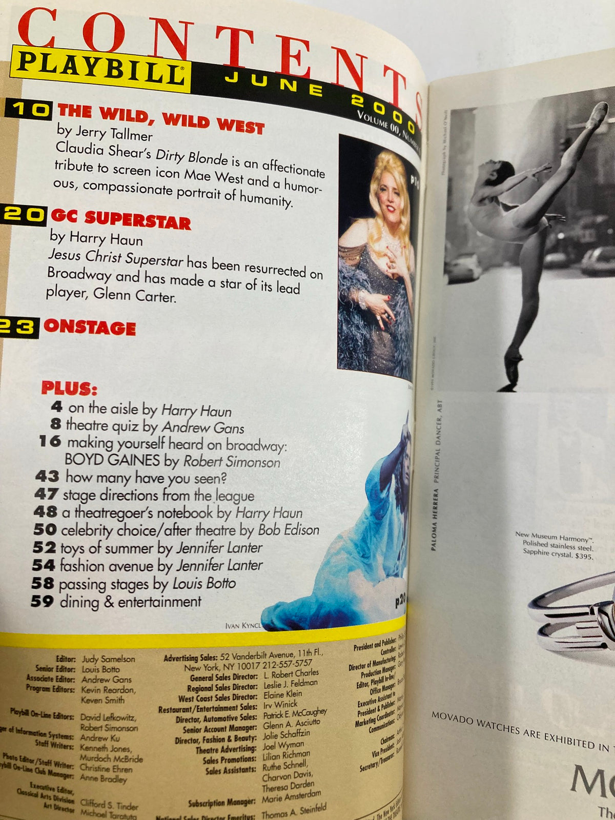 2000 Playbill Ambassador Theatre featuring content pages including sections for 'The Wild, Wild West' and Broadway shows, indicative of the theatrical productions for June 2000.