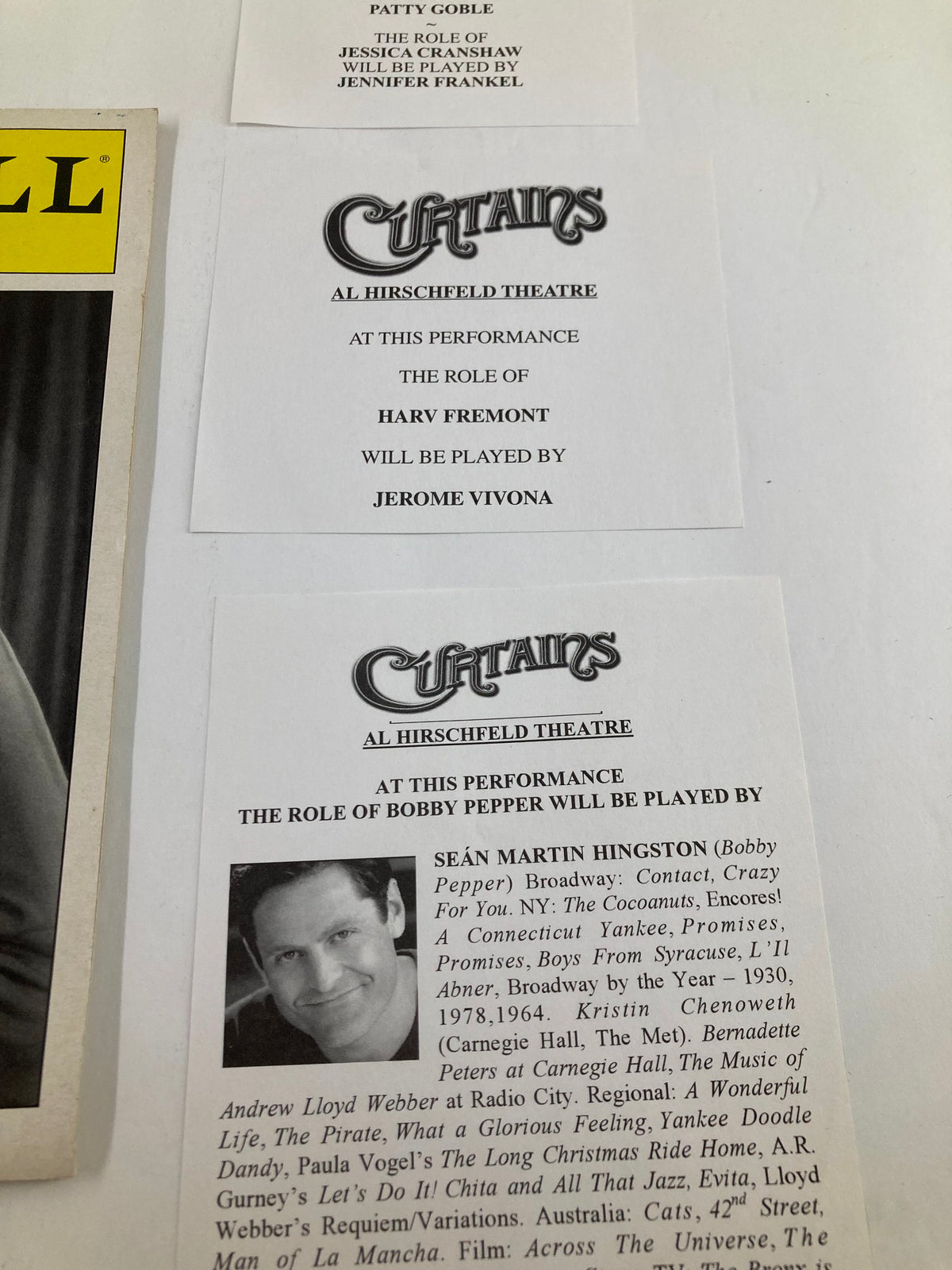 2008 Playbill Al Hirschfeld Theatre, featuring cast details including Sean Martin Hingston and Jerome Vivona for the musical 'Curtains'.