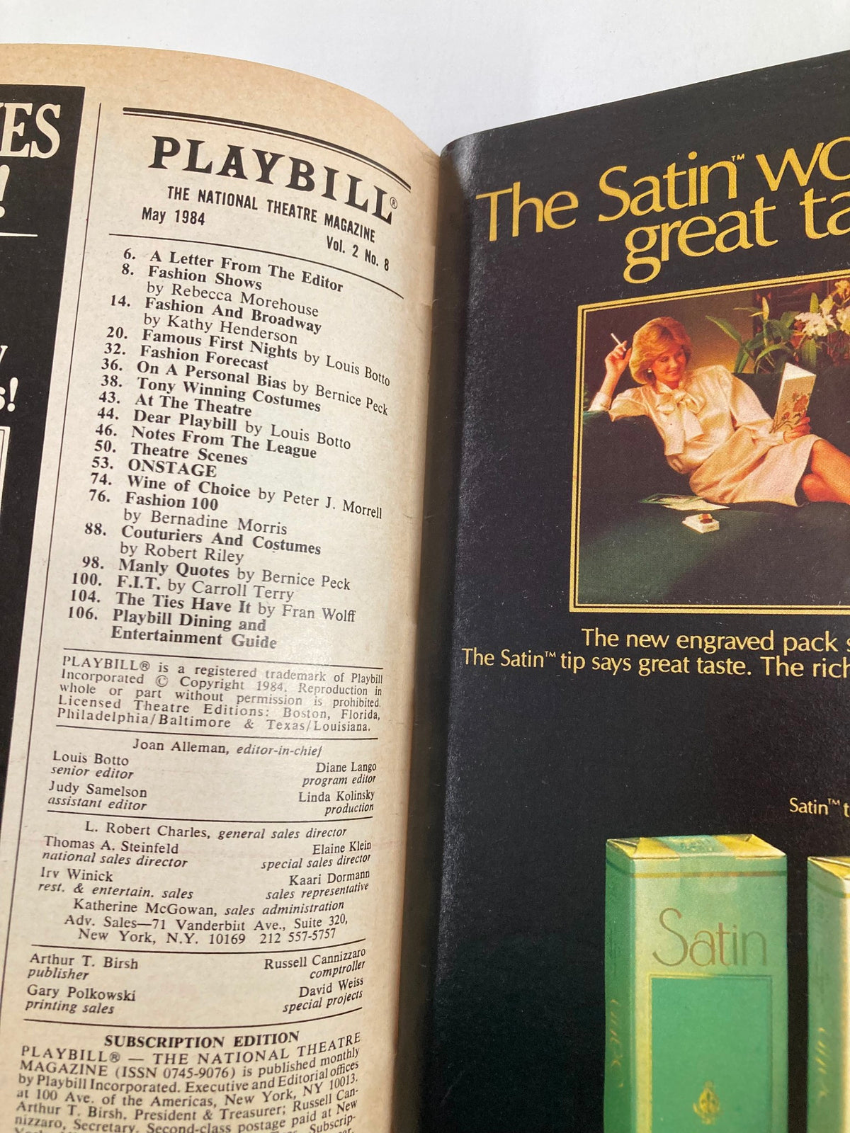 Interior page of the 1984 Playbill for Shirley MacLaine in Broadway at the Gershwin Theatre, showcasing a list of performances and details about the production.