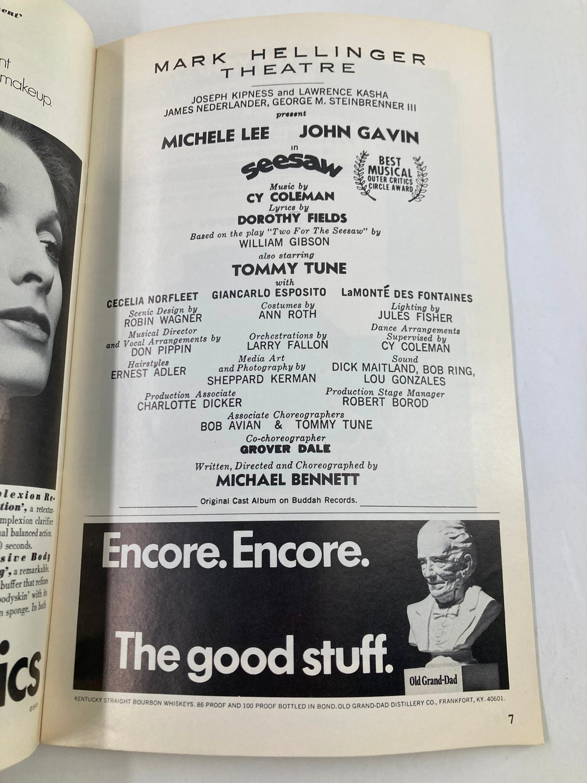 Page showcasing Michele Lee and John Gavin in the 1973 Playbill from Mark Hellinger Theatre, along with additional cast details and production credits for "Seesaw."