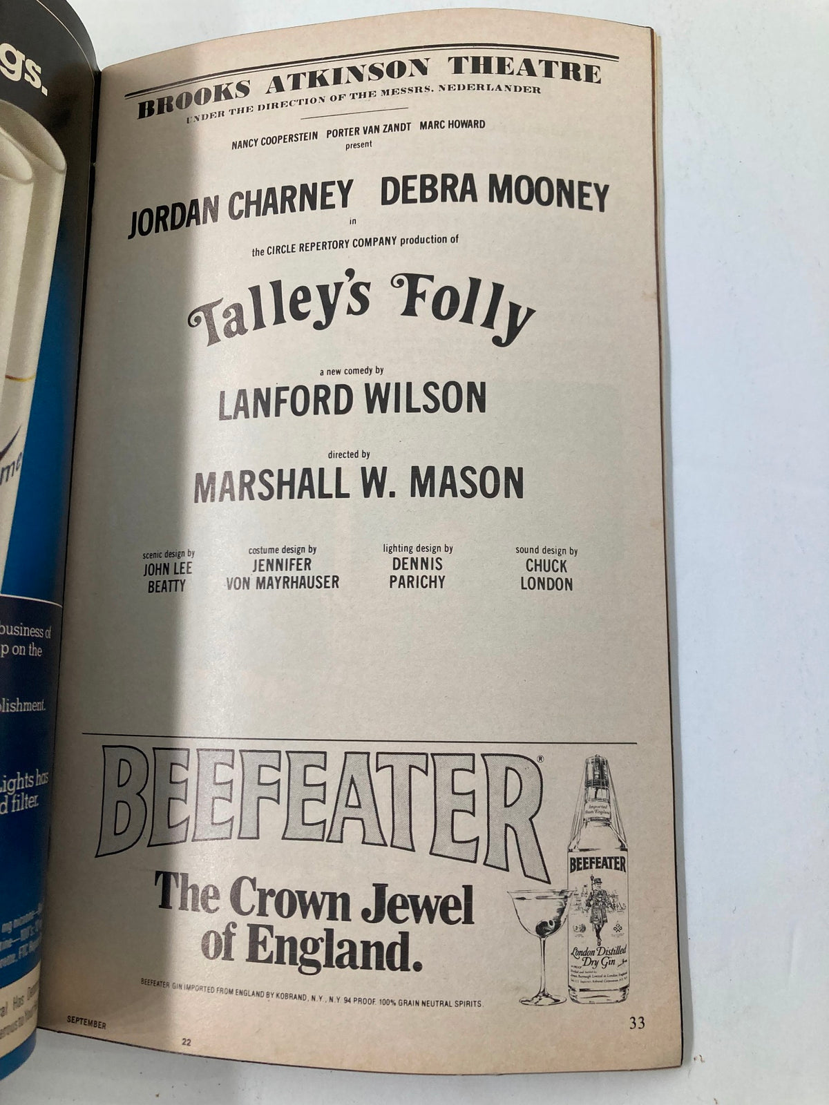 Interior page of the 1980 Playbill for Talley's Folly highlighting the cast and crew details, featuring Jordan Charney and Debra Mooney.