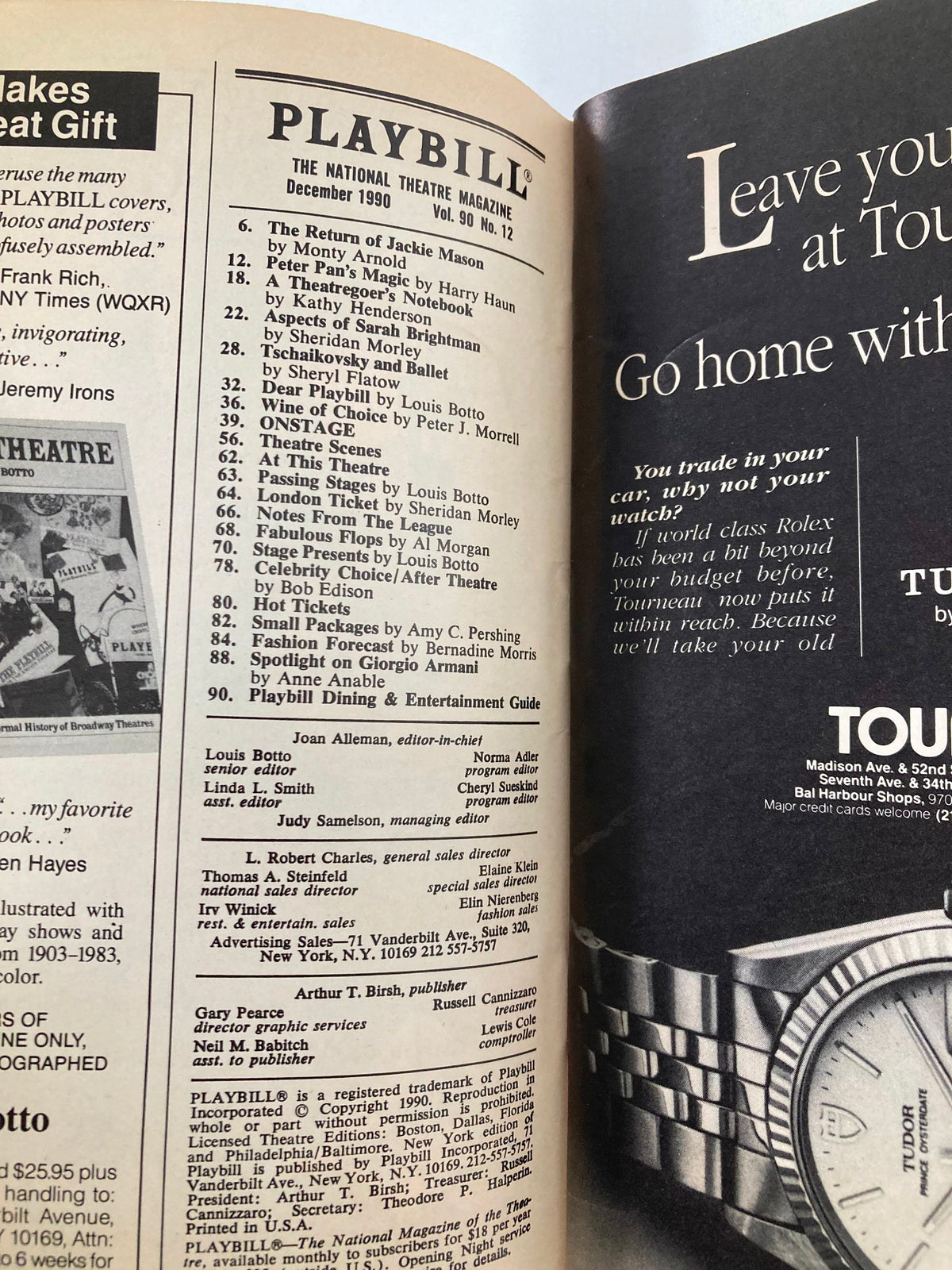 Interior page of the 1990 Playbill for the Helen Hayes Theatre featuring a list of shows and theatrical productions. This collectible highlights the vibrant theatre scene of the era.