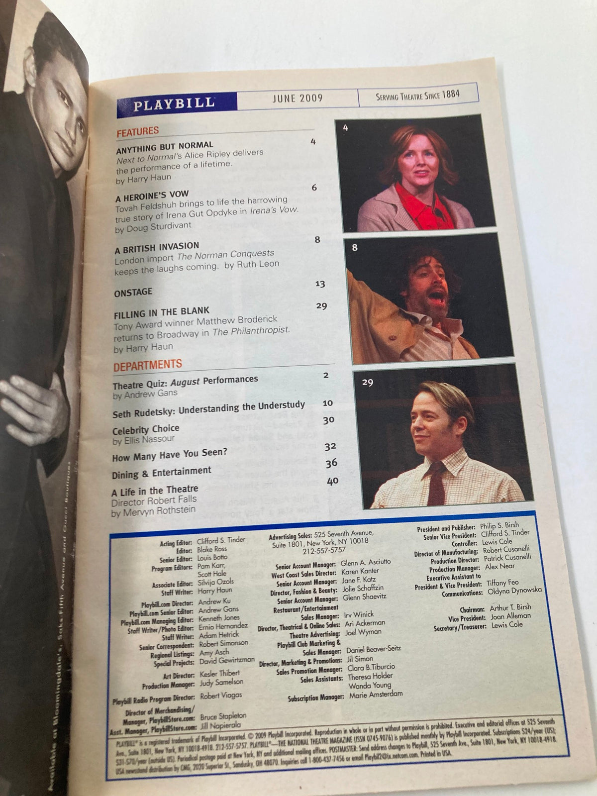 Interior page of the 2009 Playbill, showcasing features and departments from the June 2009 edition of 'Reasons To Be Pretty'.
