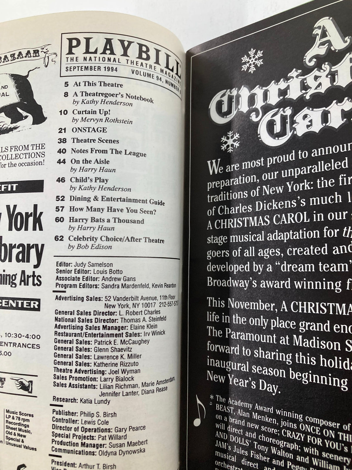 Inside view of the 1994 Playbill for An Inspector Calls at Royale Theatre, showcasing various theater sections and featured articles from the National Theatre magazine.