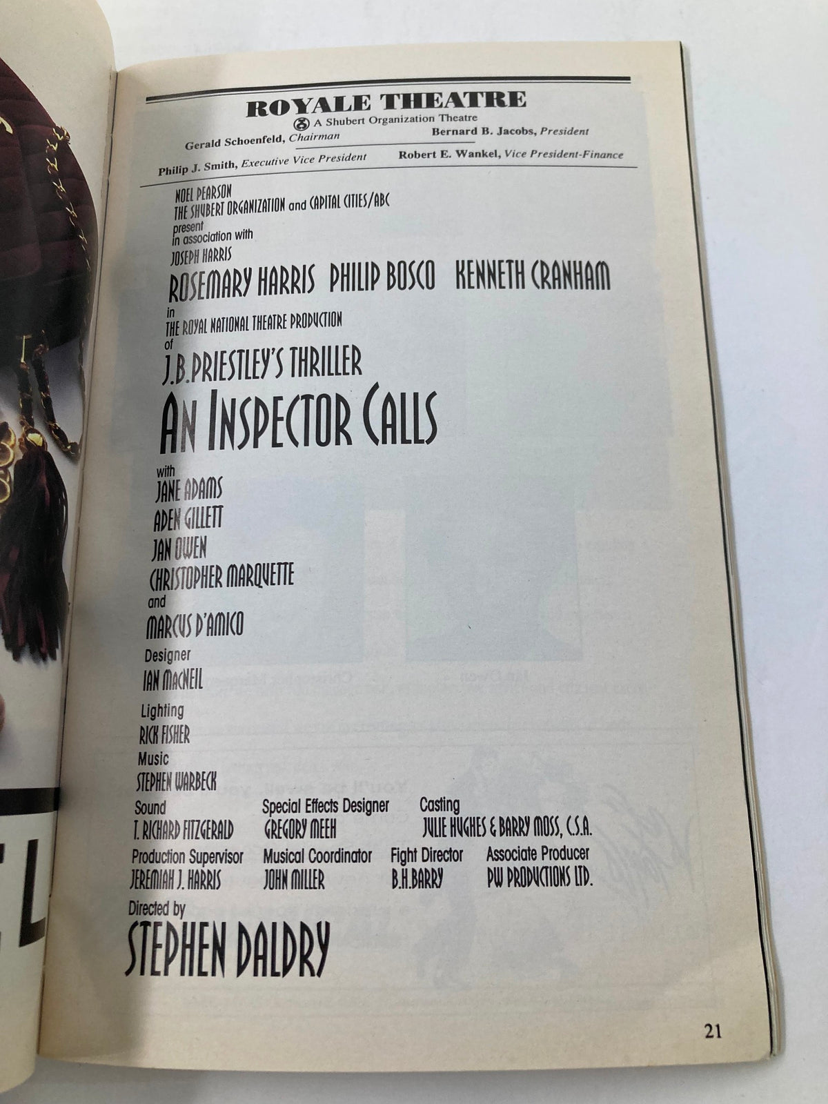 Title page of the 1994 Playbill for An Inspector Calls at Royale Theatre, featuring cast members Rosemary Harris, Philip Bosco, and Kenneth Cranham, along with production details.