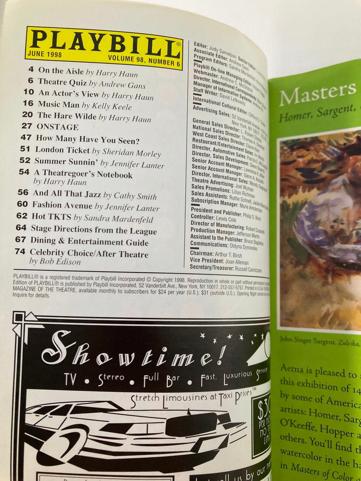 Interior page of the June 1998 Playbill from the Royale Theatre, displaying articles and features related to the performance of 'Art' by Yasmina Reza.