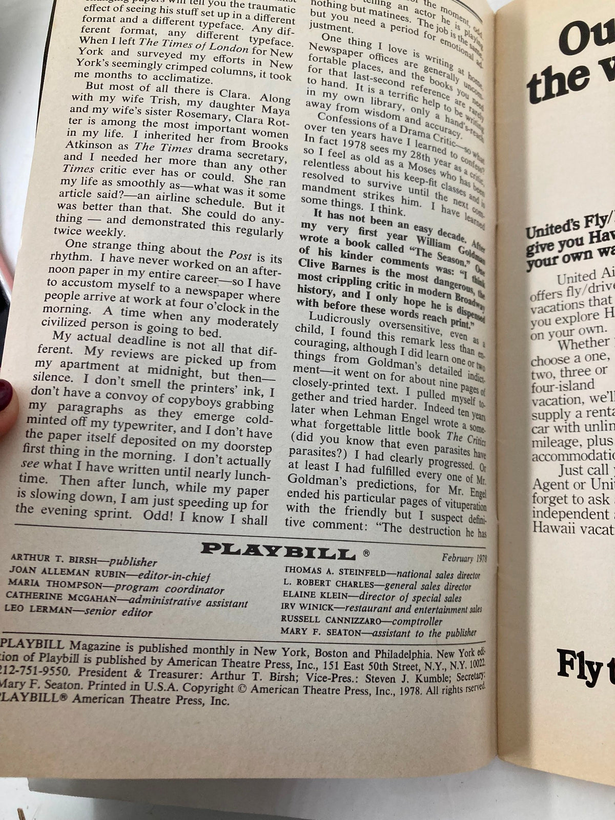 Inside page of the 1978 Playbill for Chapter Two, detailing publication information and contributors.