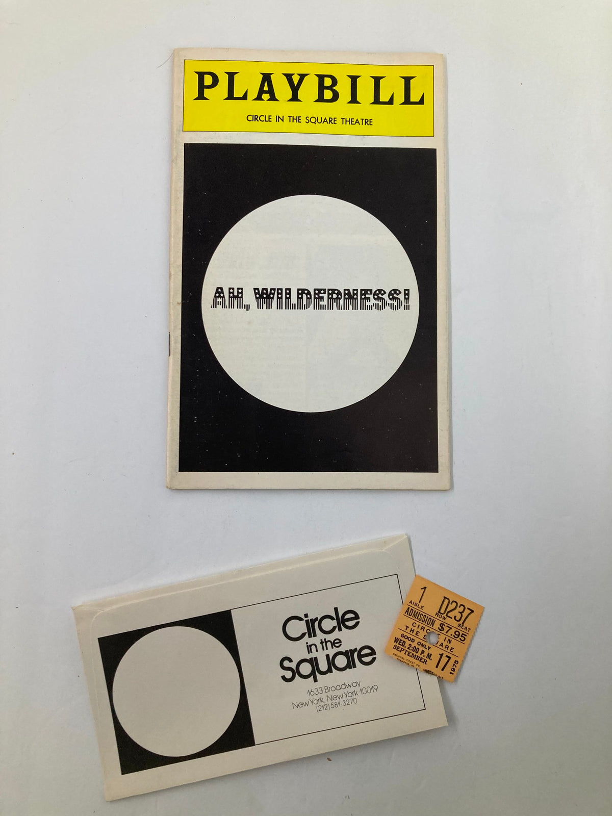 1975 Playbill Circle in the Square Theatre featuring Richard Backus in Ah, Wilderness! with original ticket.