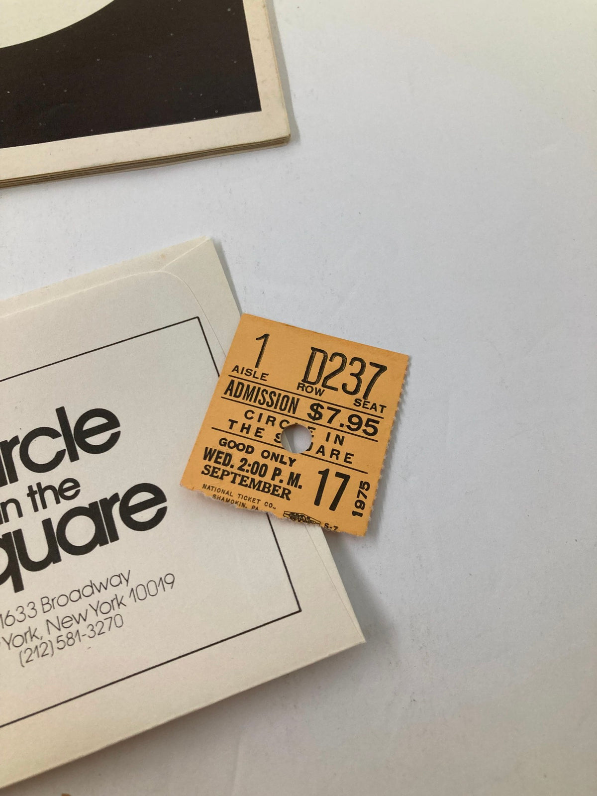 Close-up of the ticket for Ah, Wilderness! from the 1975 Playbill Circle in the Square Theatre.