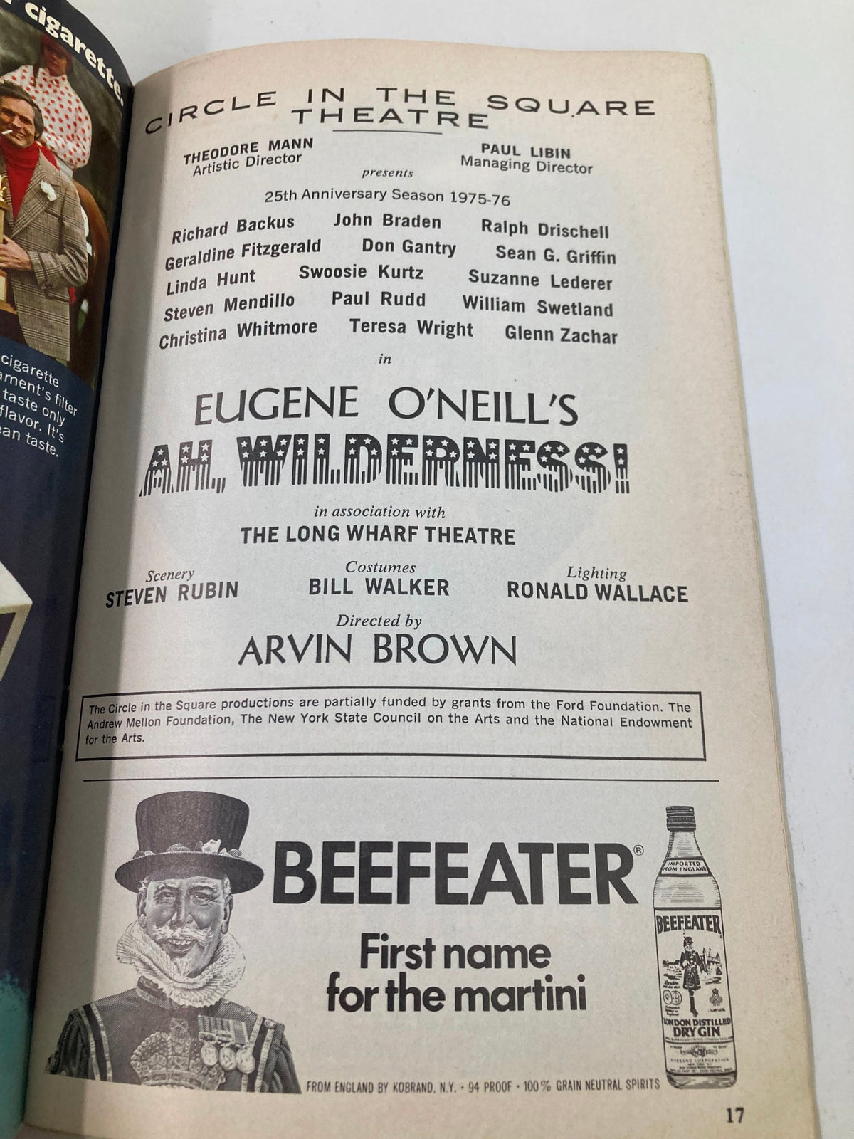 1975 Playbill for Ah, Wilderness! featuring the cast and production details, highlighting Richard Backus and other key contributors at the Circle in the Square Theatre.