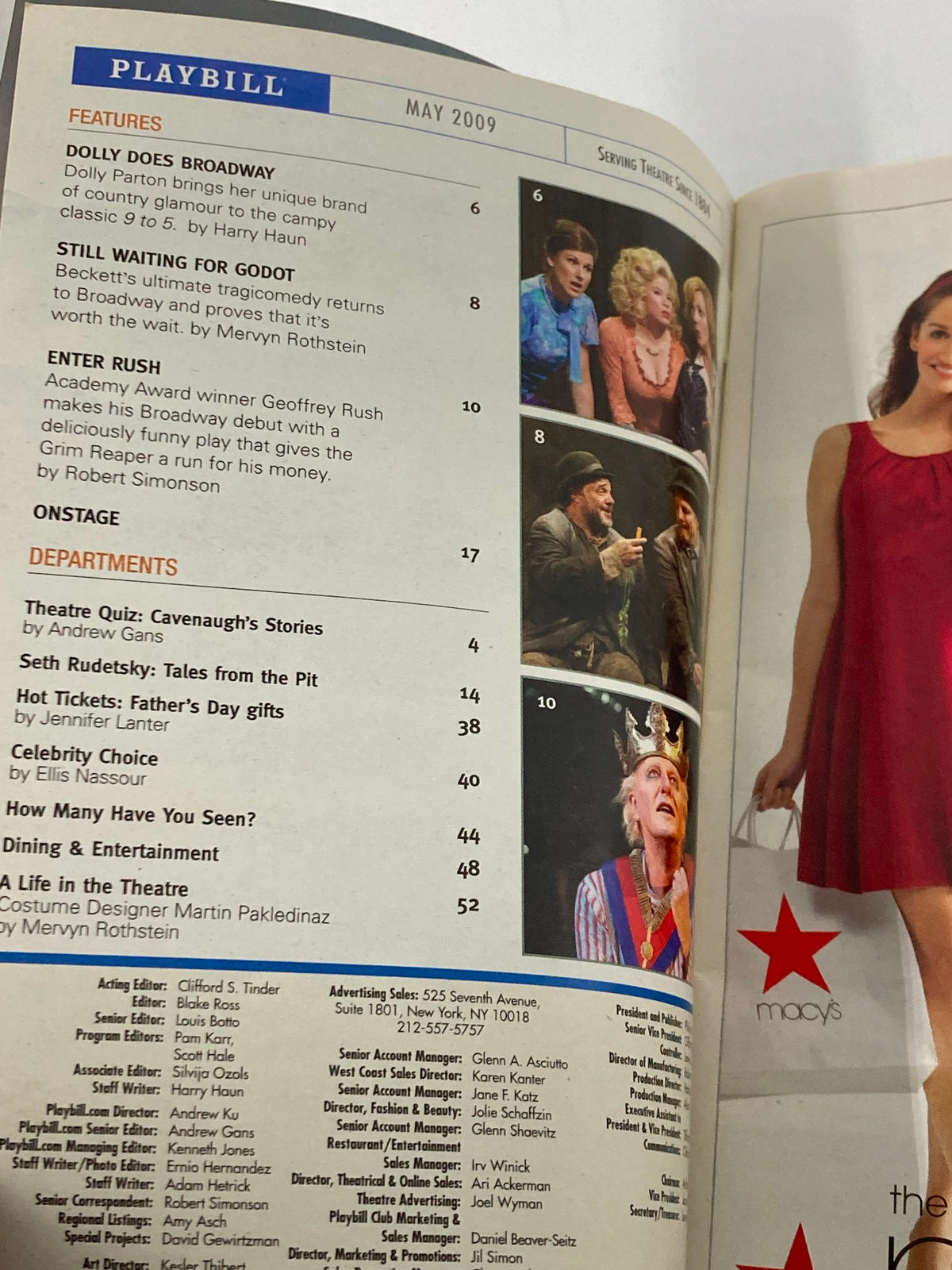 2009 Playbill from the Bernard B. Jacobs Theatre featuring the cast and features of the production of God of Carnage, including names of key cast members and departmental highlights.