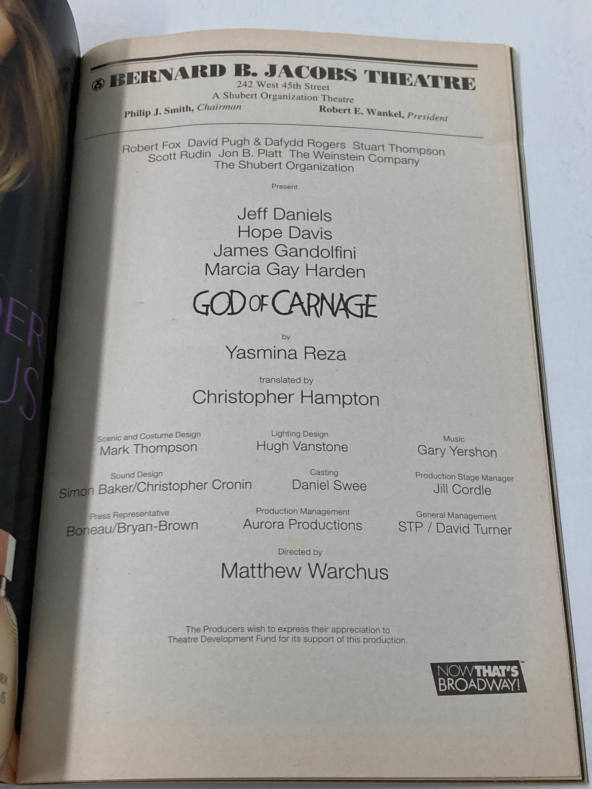 2009 Playbill from the Bernard B. Jacobs Theatre showcasing the cast list for God of Carnage by Yasmina Reza, including acknowledgments and production credits.