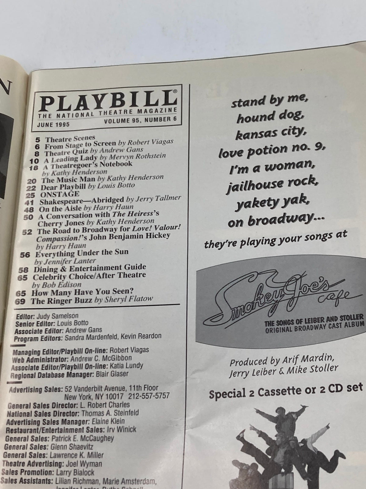 Interior page of the June 1995 Playbill, showcasing a list of advertisements and upcoming shows, along with the title Edward Albee's Three Tall Women.