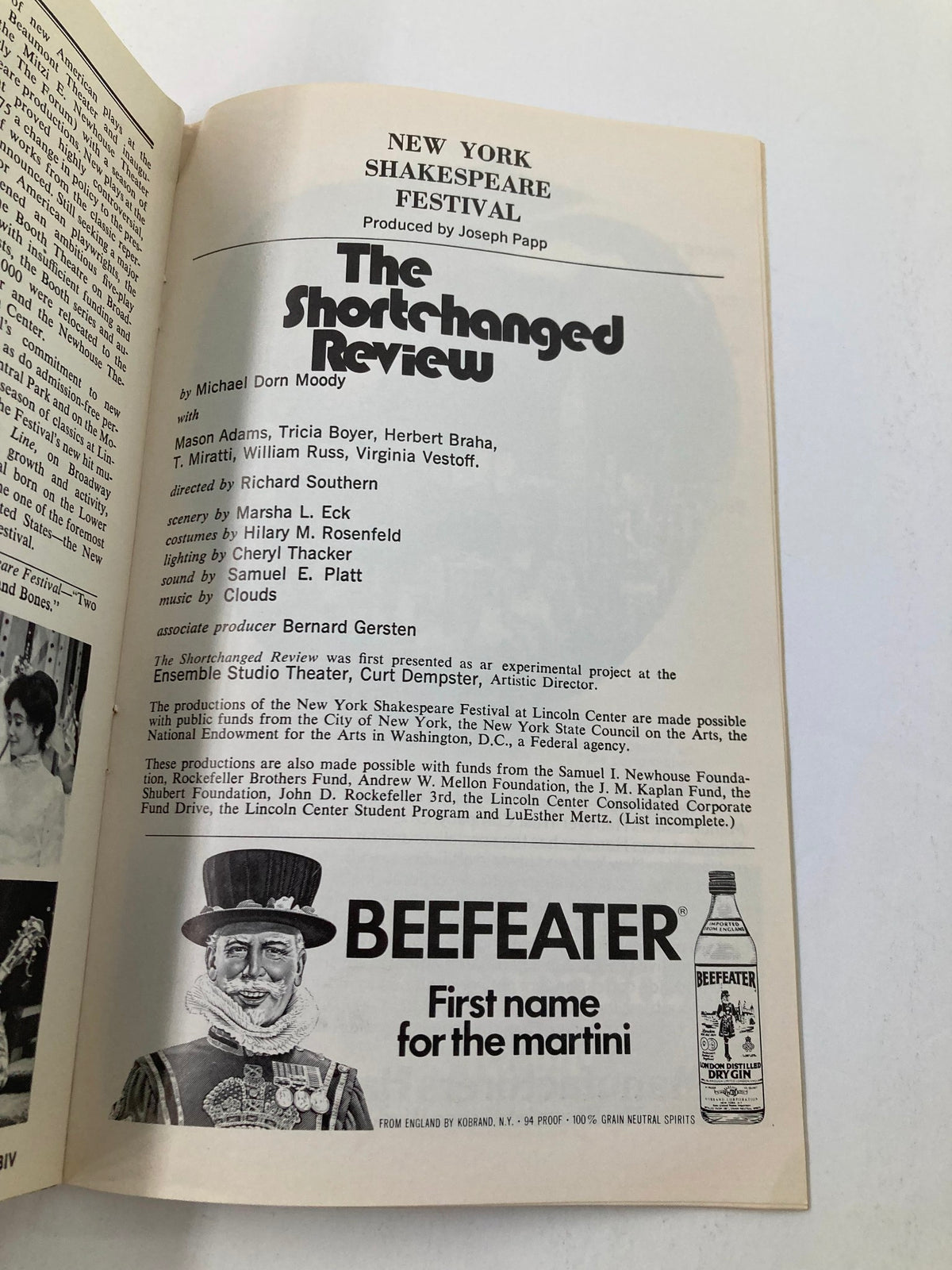 1976 Playbill from the New York Shakespeare Festival featuring The Shortchanged Review, showcasing cast and crew details in a vintage layout.