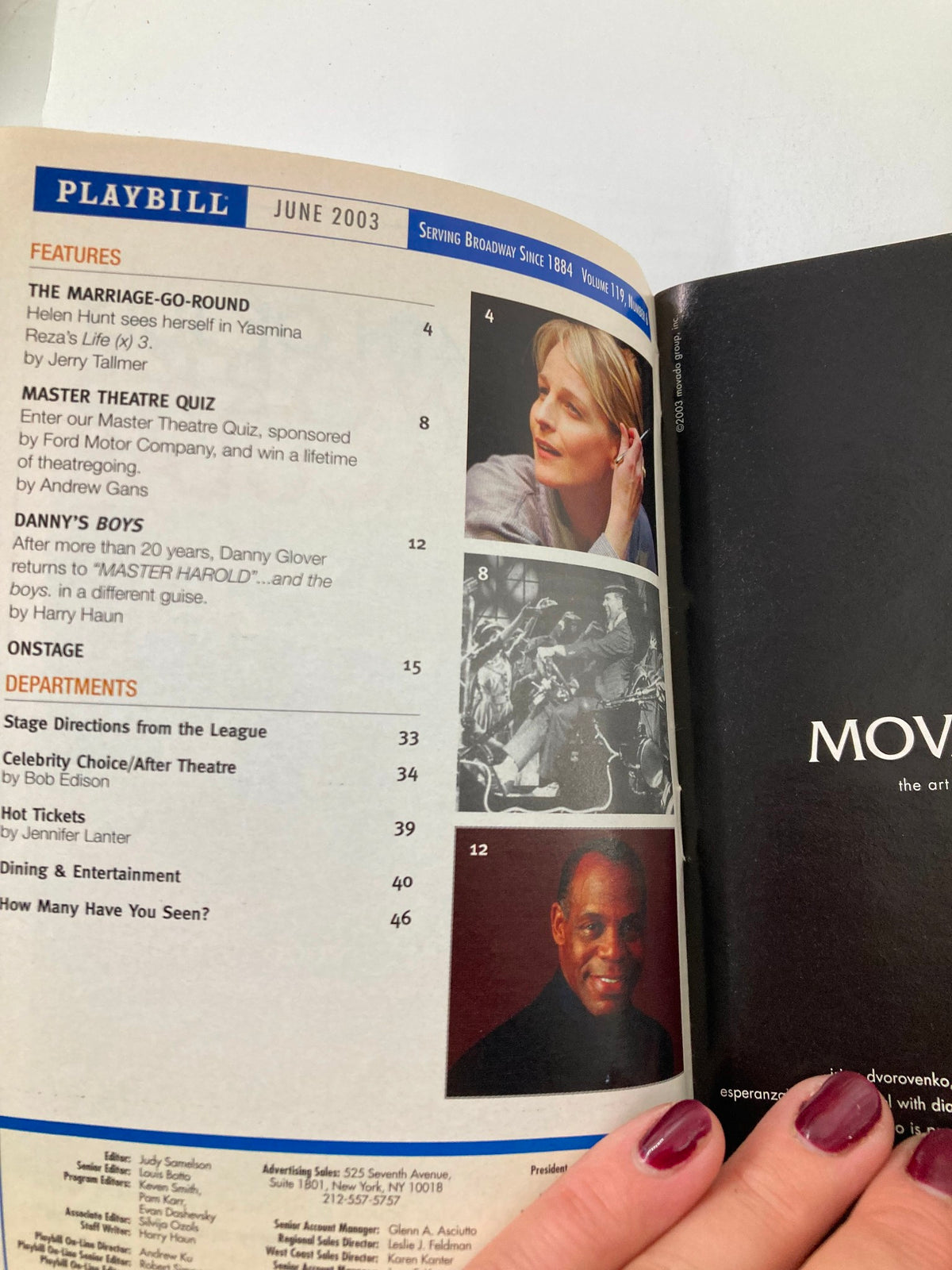 Inside page of the 2003 Playbill for Say Goodnight Gracie, showcasing articles and features from the June 2003 edition.