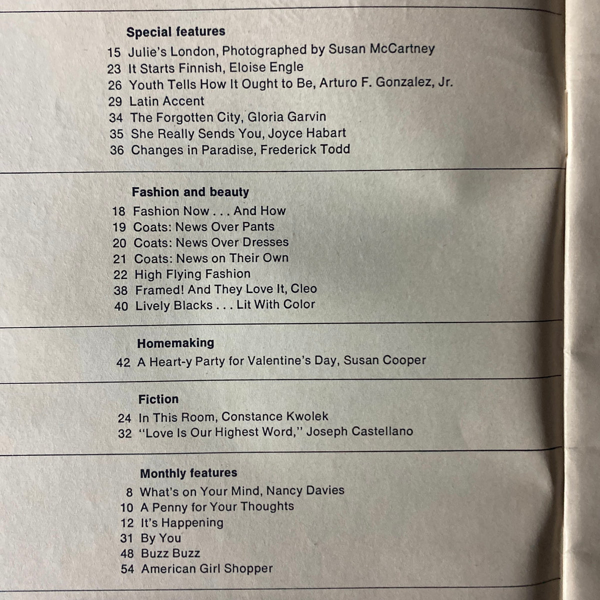 Table of contents from American Girl Magazine February 1969: A Heart-y Party for Valentine's Day, featuring special features, fashion, beauty, homemaking, fiction, and monthly features.
