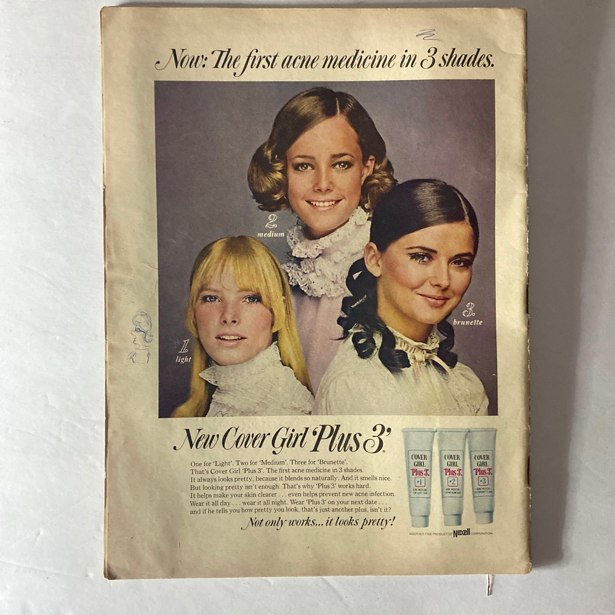 Cover advertisement for New Cover Girl Plus 3, showcasing three models with different hair colors, featured in the American Girl Magazine February 1969: A Heart-y Party for Valentine's Day.